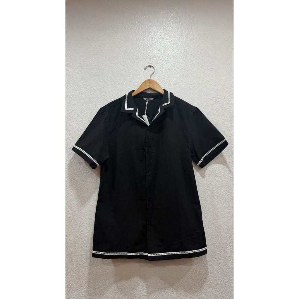 Runcati Men’s Black Short Sleeve Shirt White Trim Button Front Size M New